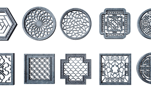 Chinese-style openwork window garden stone window grilles wall decoration 3d model