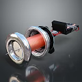 Futuristic Weapon with Silver Metal Coil Black Components Red Details and Mechanical Structure