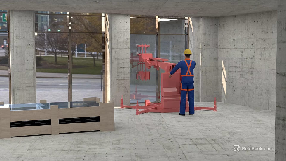 Urban Building Complex Construction Site With Worker In Yellow Hard Hat And Red Machinery 3d model