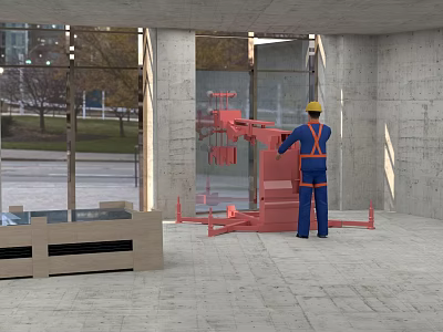 Urban Building Complex Construction Site With Worker In Yellow Hard Hat And Red Machinery 3d model