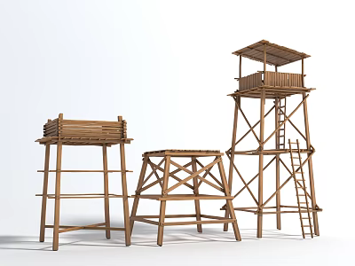 Wooden Architectural Components With Crossed Frames Platforms And Ladder Structure 3d model