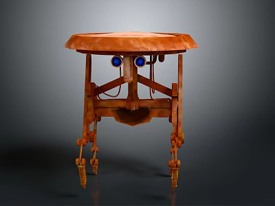 Round Top Orange Wooden Table With Unique Carved Legs And Blue Decorative Accents 3d model