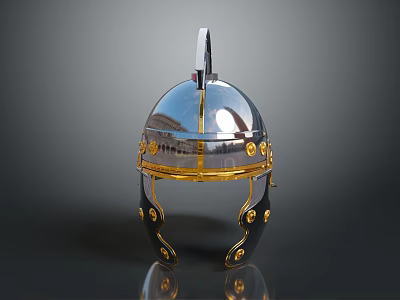 Shiny Metallic Helmet With Gold Decorative Accents And Reflective Surface Finish 3d model