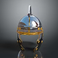 Shiny Metallic Helmet With Gold Decorative Accents And Reflective Surface Finish