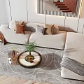 Light Beige Sectional Sofa With Decorative Pillows Green Plants And Round Coffee Tables