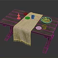 Rustic Wooden Dining Table With Table Runner Candle Plates Cups And Fruit Bowl