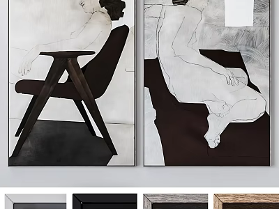 Modern Minimalist Figure Paintings With Black Wooden Chair And Nude Human Silhouette 3d model