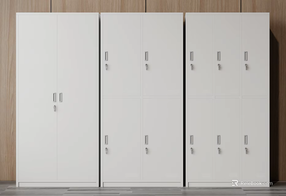 White Bookcase with Multiple Doors and Silver Handles Wooden Wall Background and Gray Floor 3d model