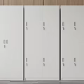 White Bookcase with Multiple Doors and Silver Handles Wooden Wall Background and Gray Floor 3d model