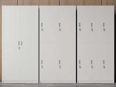 White Bookcase with Multiple Doors and Silver Handles Wooden Wall Background and Gray Floor 3d model