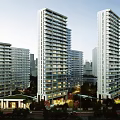 Modern High Rise Residential Buildings With Urban Greenery And Background Bridge