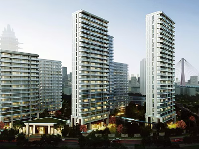 Modern High Rise Residential Buildings With Urban Greenery And Background Bridge 3d model
