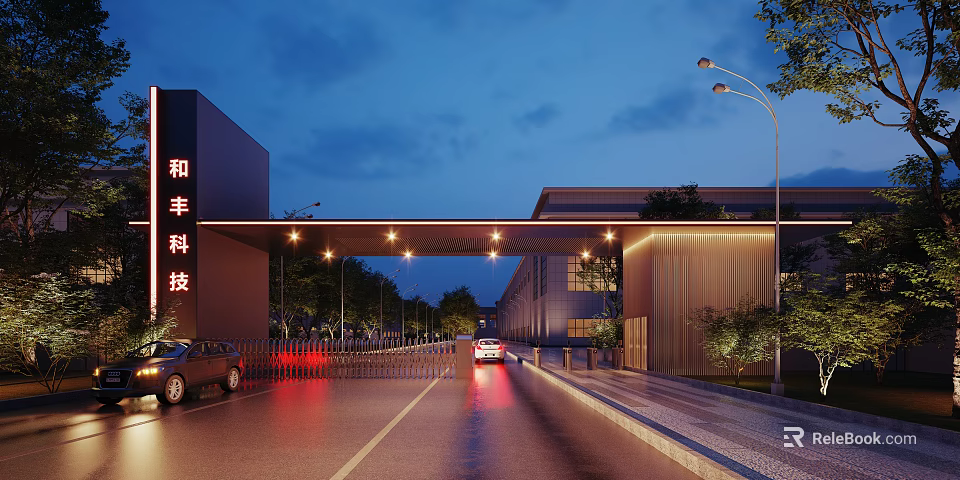 Illuminated Corporate Entrance Gate With Night View Road Cars And Greenery 3d model 