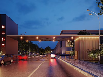 Illuminated Corporate Entrance Gate With Night View Road Cars And Greenery 3d model