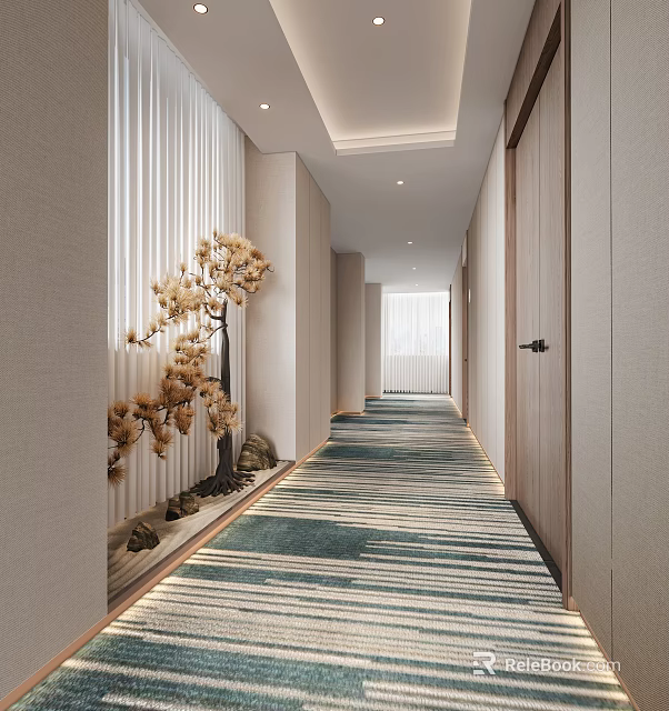 Modern Hotel Corridor Interior With Blue Green Striped Carpet Decorative Plants And Recessed Lighting 3d model 