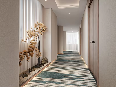 Modern Hotel Corridor Interior With Blue Green Striped Carpet Decorative Plants And Recessed Lighting 3d model