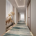 Modern Hotel Corridor Interior With Blue Green Striped Carpet Decorative Plants And Recessed Lighting