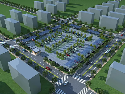 Modern Community Plaza with Green Trees Parking Area and Surrounding Buildings 3d model
