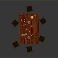 Wooden Dining Table Set With Red Chairs Clay Pots Fruits And Tableware