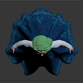 Animated Game Character With Green Hair Blue Long Dress White Sleeves And Decorative Patterns