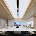Modern Conference Room Interior With Long White Table Wooden Ceiling And Large Screen Windows