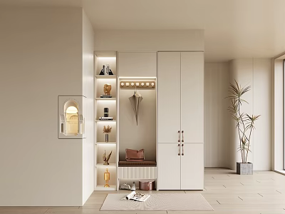Modern Shoe Cabinet Design With Open Shelves Bench Coat Hooks And Indoor Plant 3d model