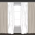 Layered Curtains With White Sheer And Beige Thick Panels For Modern Arched Window Interior