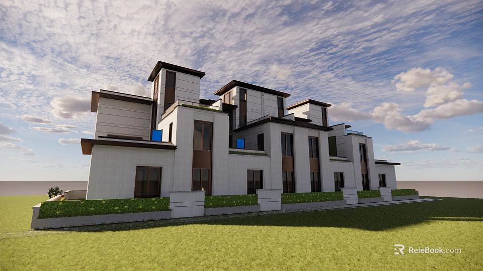 Modern Detached Villa With Contemporary Design White Exterior Green Lawn And Landscaped Garden 3d model 