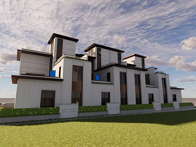 Modern Detached Villa With Contemporary Design White Exterior Green Lawn And Landscaped Garden 3d model