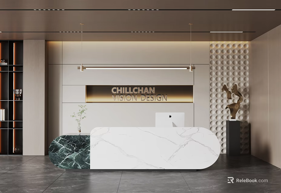 Modern Elegant Reception Desk With Marble Countertop Geometric Wall Company Logo Plant Sculpture And Lighting 3d model 