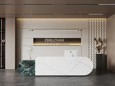 Modern Elegant Reception Desk With Marble Countertop Geometric Wall Company Logo Plant Sculpture And Lighting 3d model