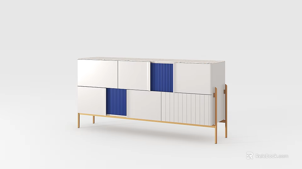 Modern White And Blue Side Console Cabinet With Golden Legs And Panel Doors 3d model 