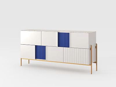 Modern White And Blue Side Console Cabinet With Golden Legs And Panel Doors 3d model
