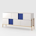 Modern White And Blue Side Console Cabinet With Golden Legs And Panel Doors