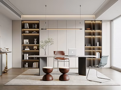 Modern Study Room Interior With Bookshelves Desk Laptop Chairs Hanging Lights And Potted Plant 3d model