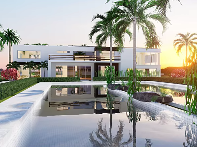 Stunning Detached Villa with Pool and Palm Trees in Sunset Garden View 3d model