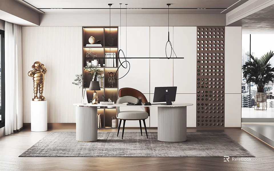 Modern Study Room Interior Design With Desk Computer Chair And Pendant Lights 3d model 