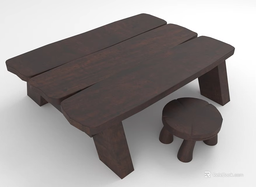Dark Brown Wooden Bench And Round Stool Set For Outdoor Seating Design 3d model 