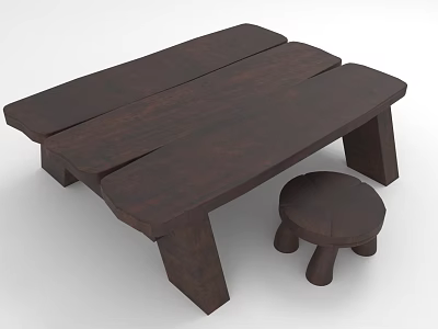 Dark Brown Wooden Bench And Round Stool Set For Outdoor Seating Design 3d model