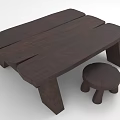 Dark Brown Wooden Bench And Round Stool Set For Outdoor Seating Design