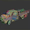 Camouflage Patterned Truck with Blue Cargo Bed and White Base Design