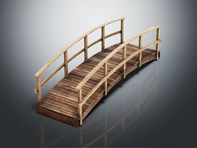 Curved Wooden Bridge with Railings and Natural Wood Planks Garden Structure Design 3d model
