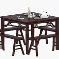 Dark Wooden Square Dining Table Set With Four Benches And Tea Tableware 3d model