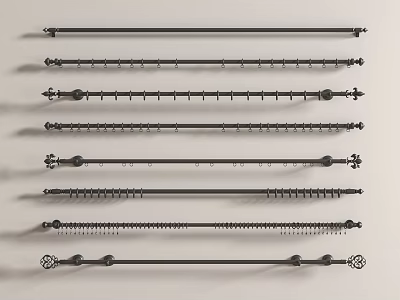 Various Decorative Metal Curtain Rods With Different Finial Designs Displayed In Rows 3d model