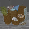 Brown Woven Storage Baskets Stacked with Pillows Books Firewood and Green Plant
