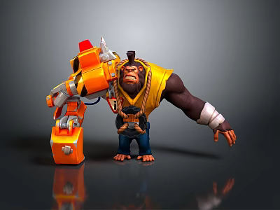 Strong Orangutan With Yellow Vest And Orange Train Locomotive Mechanical Device Angry Expression Gray Background 3d model