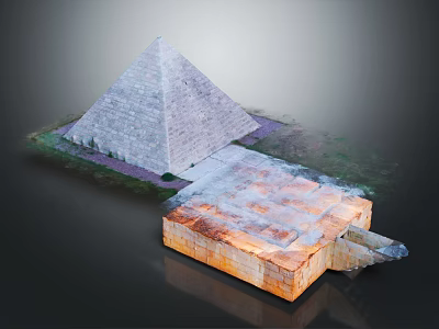 Cartoon Scene With Gray Stone Pyramid And Orange Ancient Structure On Grassy Ground 3d model