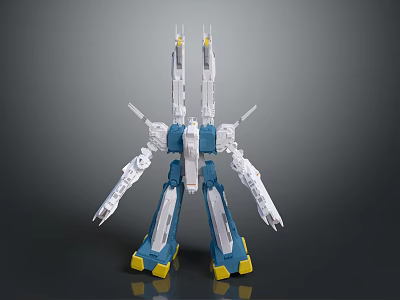 Blue And White Mechanical Robot Character With Multiple Arms And Yellow Feet 3d model
