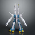 Blue And White Mechanical Robot Character With Multiple Arms And Yellow Feet