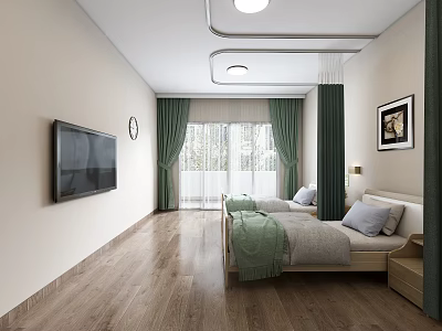 Modern Hospital Outpatient Room Interior With TV Bed Curtains And Wooden Floor 3d model